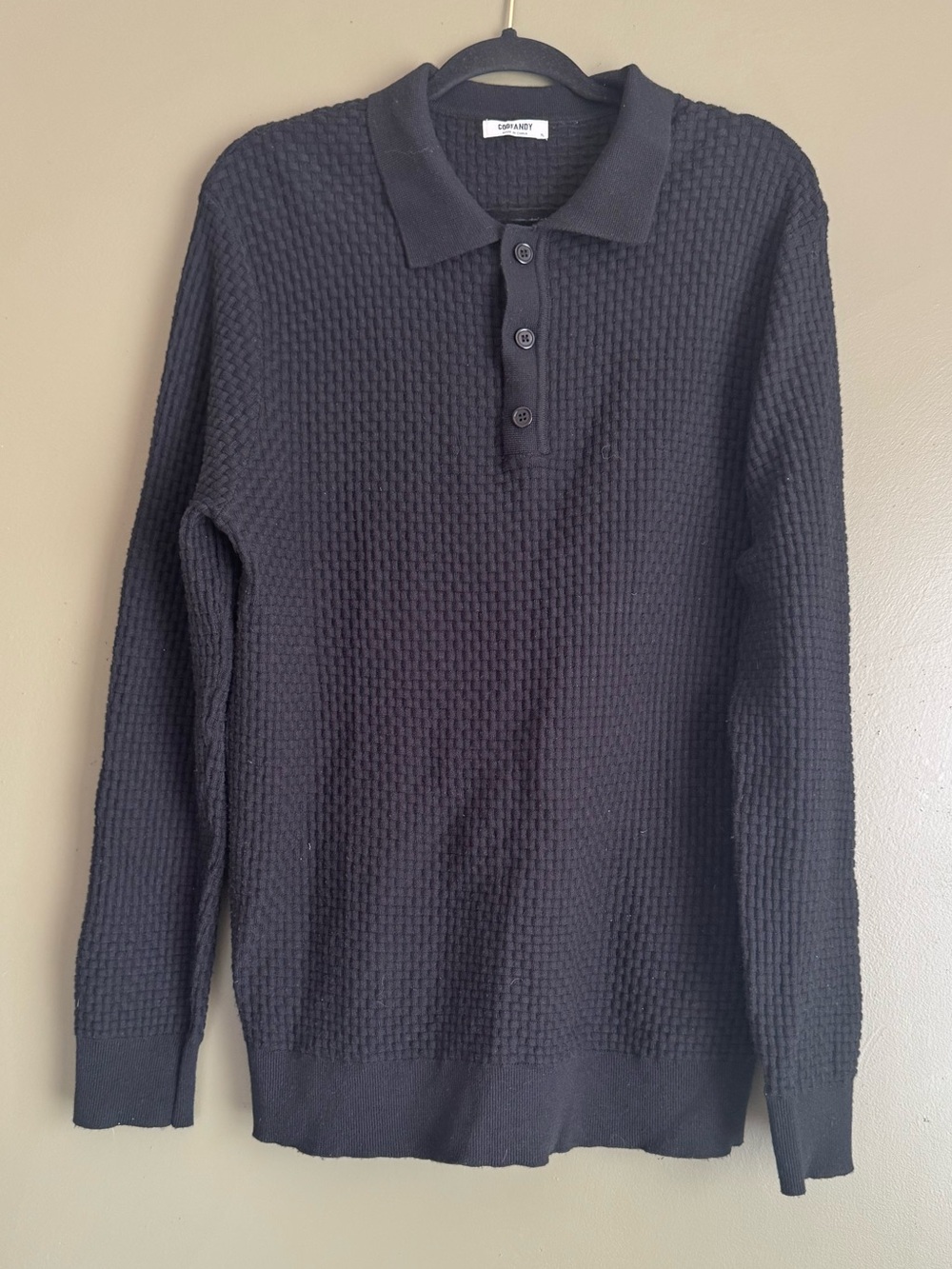 Men's Textured Long-Sleeve Polo Shirt - Black